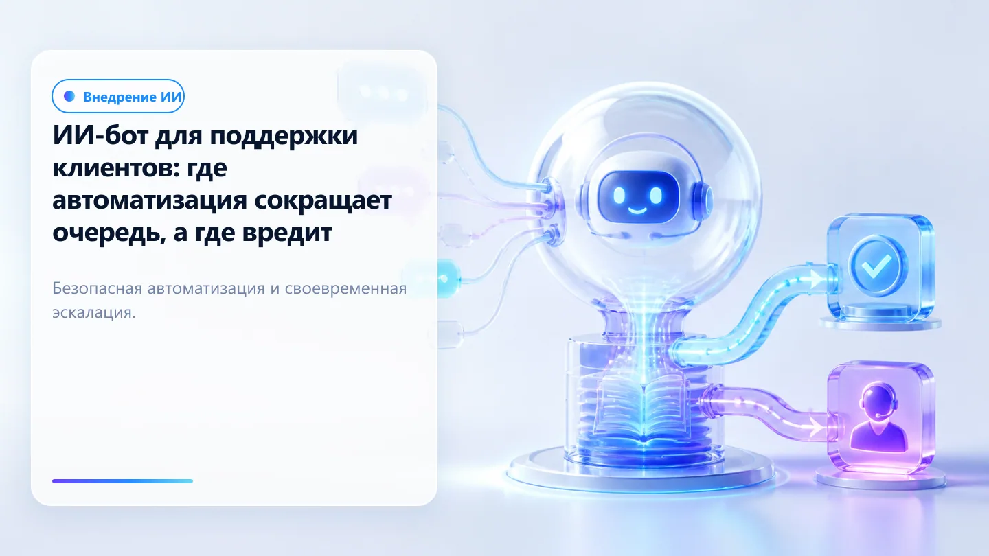 Обложка статьи: ИИ-бот для поддержки клиентов: где автоматизация сокращает очередь, а где вредит